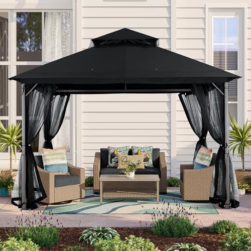 MASTERCANOPY Outdoor Patio Gazebo with Double Roofs, Stable Steel Frame and Mosquito Netting (11x11,Black) - color: Black, size: 11x11