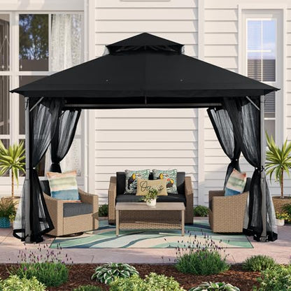MASTERCANOPY Outdoor Patio Gazebo with Double Roofs, Stable Steel Frame and Mosquito Netting (11x11,Black) - color: Black, size: 11x11