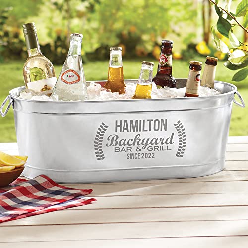 Let's Make Memories Personalized Backyard Bar Beverage Tub With Stand - Custom Beverage Tub - 20¾"Lx11¾"Wx7"H - 25"H Stand - 5.5 Gallons - color: Message & Year, size: With Stand