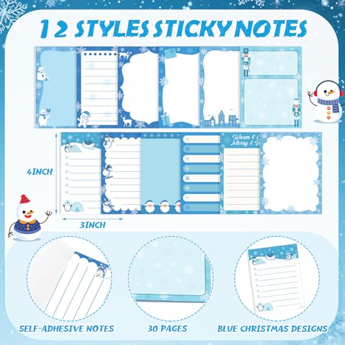 Dispowreath 24 Pcs Winter Sticky Notes with Pens Blue Snowflake Themed Gifts Self Adhesive Notepad Cute Memo Note Pads Black Ink Ballpoint Pen for Holiday Gifts Office Teacher Supplies - style: Blue Xmas
