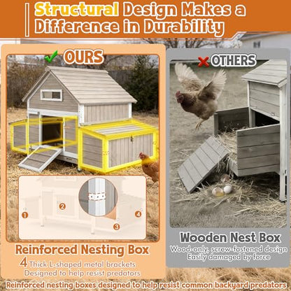 Ketive Large Chicken Coop for 2–4 Chickens Outdoor Poultry Cage Wooden Hen House with 6 Nesting Boxes, Reinforced Boxes, Dual Ramp Doors, Curved Wood Roof, Tray, Expandable (61.1"L x 38"W x 40.2"H) - size: 61.1"L x 38.0"W x 40.2"H