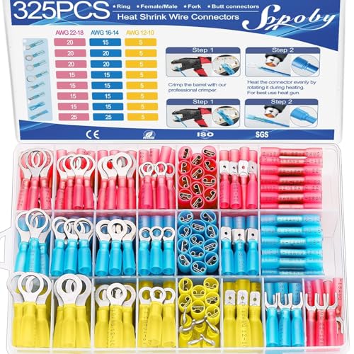 325PCS Marine Grade Heat Shrink Wire Connectors - Sopoby Electrical Connectors Kit of Tinned Red Copper, AWG 22-10 Waterproof Crimp connectors terminals Insulated Ring Fork Spade Butt Splices - size: 325 PCS Kit