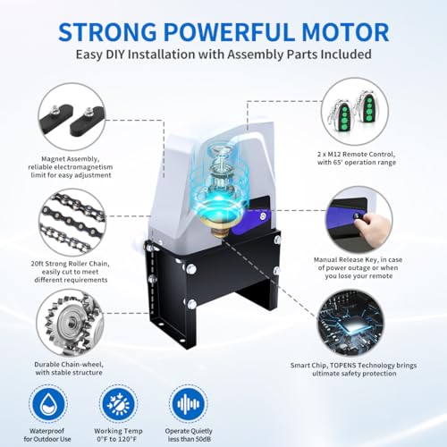 TOPENS CK1100 Automatic Sliding Gate Opener Chain Drive Electric Gate Motor for Heavy Driveway Slide Gate Up to 2800 Pounds, Security Gate Operator AC Powered with 20ft Roller Chain and Remote Control