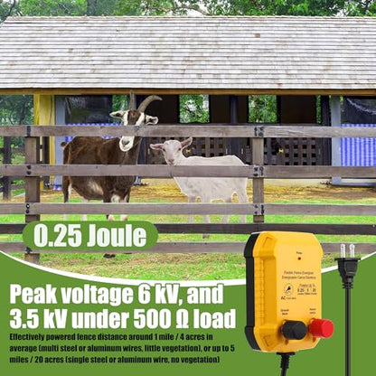 MorningRo Electric Fence Charger Set 110VAC 0.25 Joule Electric Plug in Fence to Contain Pet Poultry Keep Rodent, 50 Black Insulator and 1 Socket Tool 250ft Aluminum Wire for Garden Pond Protection - style: 0.25 Joule