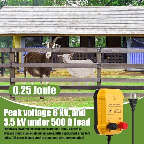 MorningRo Electric Fence Charger Set 110VAC 0.25 Joule Electric Plug in Fence to Contain Pet Poultry Keep Rodent, 50 Black Insulator and 1 Socket Tool 250ft Aluminum Wire for Garden Pond Protection - style: 0.25 Joule