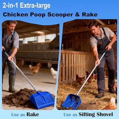 11.8inch Heavy Large 2-in-1 Chicken Poop Scooper & Rake,Adjustable Aluminum Handle（20–61"） Chicken Coop Scoop– Litter Scoop Sand & Sifting Shovel for Chicken Coops(Blue) - color: Blue