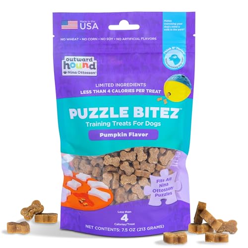 Outward Hound by Nina Ottosson Puzzle Bitez USA Made Dog Treats, Pumpkin Flavor, Bite-Sized Training Reward and Interactive Puzzle Toy Treats, 7.5oz - size: 7.5 Ounce (Pack of 1), style: Pumpkin