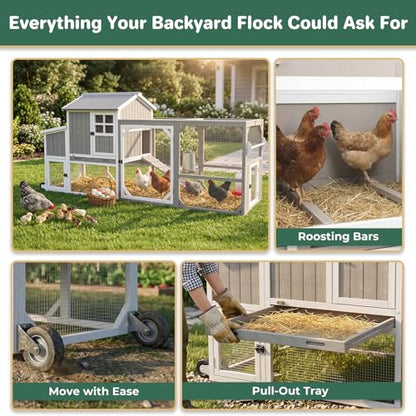 95.3" L Large Chicken Coop with Run, Chicken Tractor Hen House with 3 Nesting Boxes, Wheels, Portable Outdoor Quail Hutch Poultry Cage for 2-4 Chickens with 6 Access, Removable Tray, Ramp - size: 95.3"L x 31.5"W x 44.9"H