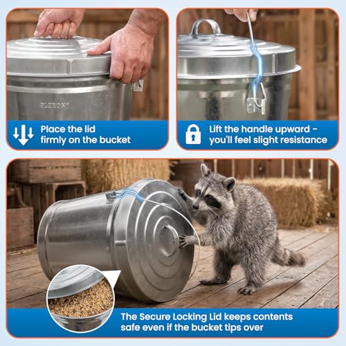 Plexon 10 Gallon Trash Can with Lid Outdoor Galvanized Metal Bucket with Locking Lid for Poultry Feed Bird Seed Storage Ash Garbage Trash Bin - size: 10-Gallon