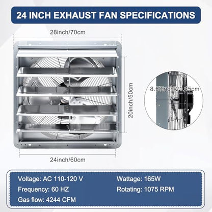 Criditpid 24 Inch Wall Mounted Shutter Exhaust Fan with ON/OFF Switch, High-Speed, Low-Noise Pure Copper Motor, Wall Exhaust Fan for Gable, Shed, Garage, Greenhouse, Kitchen, Attic, 4244 CFM, 1075 RPM - size: 24 Inch Exhaust Fan