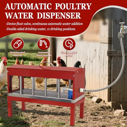 Automatic Chicken Waterer Stainless Steels Large Poultry Waterer Dispenser 11 Windows with Float Valve Kit Hose Accessorie for Duck Goose Pigeon Quail Turkeys