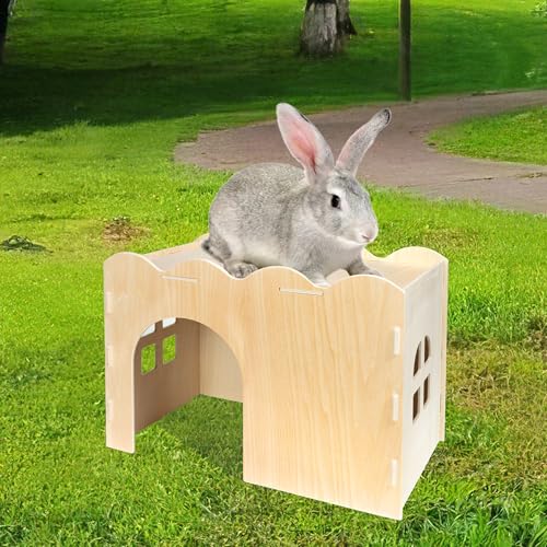 Bifeaw Rabbit Hideout, Natural Wooden Chew Proof Hideaway Hut for Small Pets (Rabbit) - size: Rabbit