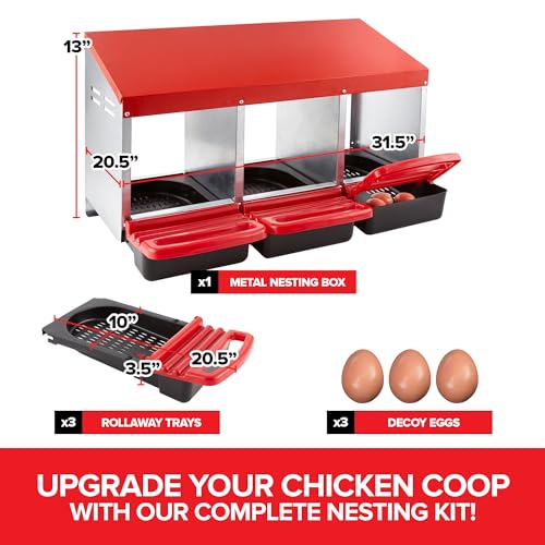 Chicken Nesting Boxes for Laying Eggs, 3-Compartment Roll-Away Nesting Boxes for Chickens Coop with Perch, Hens, Ducks & Other Poultry, Includes 3 Wooden Dummy Eggs