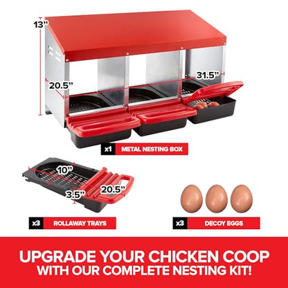 Chicken Nesting Boxes for Laying Eggs, 3-Compartment Roll-Away Nesting Boxes for Chickens Coop with Perch, Hens, Ducks & Other Poultry, Includes 3 Wooden Dummy Eggs