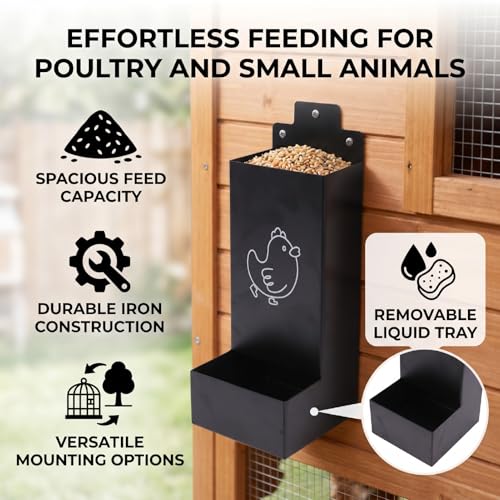 Fdit Hanging Chicken Feeder Iron, Large Capacity Poultry Feed Box with Detachable Water Tray 23.4cm for Cage Tree Branch Mount with Screws
