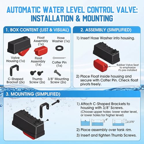 Threlaco 2 Pack Water Tank Float Valve Automatic Water Level Control Float Valve for Pond Farm Livestock Cattle Goat Horse Pool Aquariums Hydroponics and Reservoir Autofill Livestock Waterer
