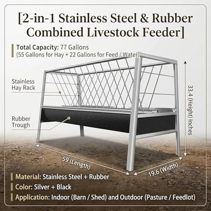 77Gal Pasture Hay Feeder, 2-in-1 Multi-Functional Livestock Feeder, Elevated & Stable Stainless Frame with Rubber Liner Container, Large Volume for Farm Ranch Kinds of Livestock