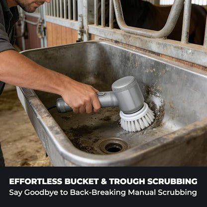 Electric Spin Scrubber for Horse Stall & Home – Cordless Power Scrubber with 5 Stiff & Soft Brush Heads, IPX7 Waterproof – Handheld Cleaner for Horse Water Buckets, Feed Troughs, Muddy Boots