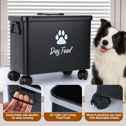 Dog Food Container 13lb, Cute Airtight Pet Food Storage Containers with Metal Lid Scoop, Black Metal Storage Bin for Dog/Cat with Wheels,Easy to Move - color: Black-L