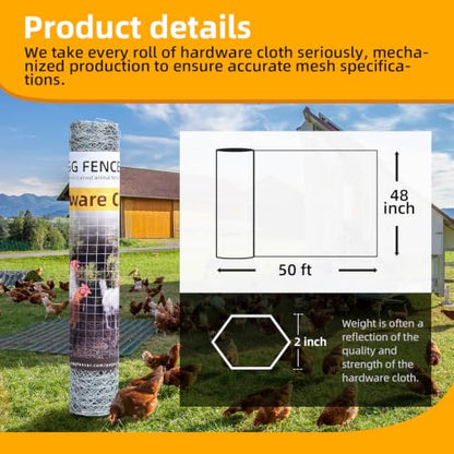 Chicken Wire Mesh 48in x 50ft Hexagonal Poultry Wire Netting | Galvanized Hardware Cloth, Garden Fence Barrier Mesh, for Pet Rabbit Garden Chicken Wire Fencing - size: 48in x 50ft 2inch