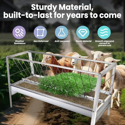 92 Gallon Pasture Feeder - Stainless Steel Goat Hay Feeder Large Capacity with 24.8" Wide Tray, Heavy Duty for Sheep, Horse, Livestock, Saves Time & Hay Waste