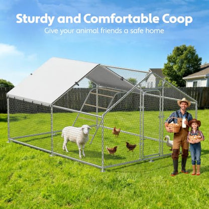 Large Metal Chicken Coop with Waterproof and UV-Resistant Cover, Chicken Run Outdoor Walk-in Cage Rabbit Duck Hen House for Yard Farm Use Spire Roof, 10’ W x 10’ L x 6.5’ H - size: 120.0"L x 120.0"W x 78.0"H