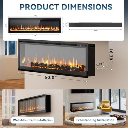 EUHOMY 60 Inch Electric Fireplace Recessed Wall Mounted Freestanding with Remote Control, Ultra-thin Fireplace Heater with Adjustable Flame Color, Linear Fireplace with Timer, Log & Crystal, 750/1500W - size: 60 Inch Premium