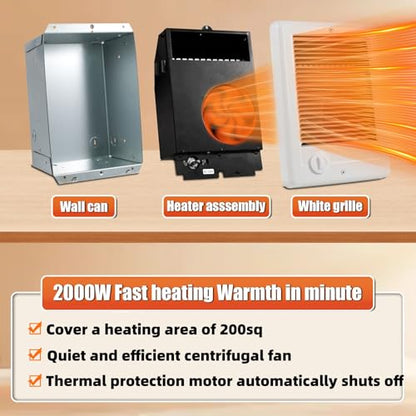 CSC202TW Electric Wall Heater Complete Unit with Built-In Thermostat, 2000W 240V 6825 BTU, Fast Heating & Quiet Operation, Thermal Overheat Protection, White