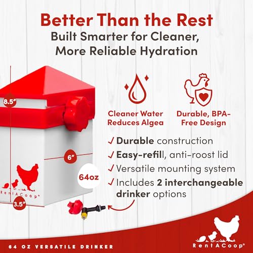 RentACoop 64oz (2 Liter) Chicken Drinker with 2 Versatile Nipples - Ideal for Baby Chicks, Quail, Small Birds, and Ducklings - Easy-to-Use Chicken Waterer Solution - Ideal for Coops and Cages