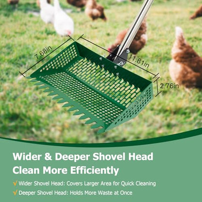 XXXFLOWER Chicken Poop Scooper & Rake 2-in-1, Metal Pooper Scooper Long Handle, Chicken Coop Rake for Chicken Coop, Sand & Pet Waste Cleaning