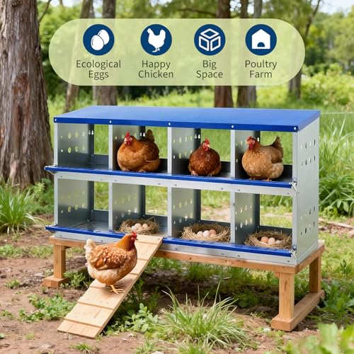 Chicken Nesting Box, 8 Compartment Nesting Boxes for Chickens, Durable Galvanized Steel, Ventilated with Dot Holes, Non-Slip, Wall Mountable Nesting Boxes for Chicken, Partitioned Design, Blue - size: 8 Compartment