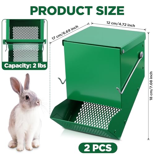 2 Pcs 4.7 Inch Small Animal Feeder with Lid, Heavy Duty Metal Food Dispenser for Rabbits, Guinea Pigs, Chinchillas, Large Capacity, Sifter Bottom, Green