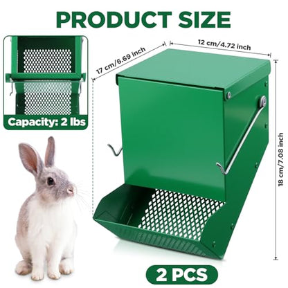 2 Pcs 4.7 Inch Small Animal Feeder with Lid, Heavy Duty Metal Food Dispenser for Rabbits, Guinea Pigs, Chinchillas, Large Capacity, Sifter Bottom, Green