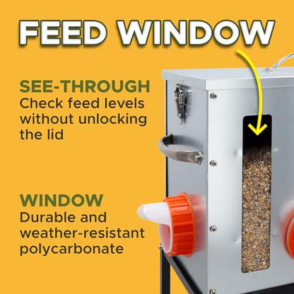Metal Chicken Feeder 40lb, No Waste Automatic Chicken Feeder with Window, Galvanized Large Capacity Poultry Equipment, Rodent Proof, Rat Proof, Weatherproof Silo, Outdoor Coop, Comederos para Gallinas