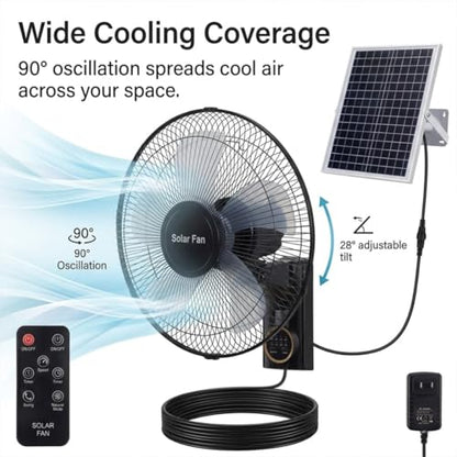16" Solar Barn Fan for Chicken Coop and Greenhouse, Patio Fan Wall Solar Fan with Remote, 16ft Extension Cable AC/Solar Dual Power, 90° Oscillating Fans Waterproof Garage Cooling System