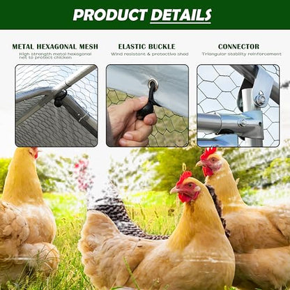 Large Metal Chicken Coop Round Top Upgrade Tri-Supporting Wire Mesh Chicken Run,Chicken Pen with Water-Resident and Anti-UV Cover,Duck Rabbit House Outdoor (Dome Roof 31.2'L x 9'W x 6.5'H) - size: 374.4"L x 108.0"W x 78.0"H