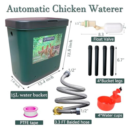 Automatic Chicken Waterer Self-Filling Float Controlled Poultry Water Feeder 4 Gallon Free-Standing Chicken Water Fountain Dispenser Auto Chicken Watering System Pigeon Bird with Hose and Water Cups