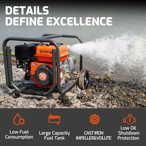 NOVUS 2-Inch Semi Trash Pump with Foldable Handle and Wheels, 212cc 4 Cycle Engine, 50ft Discharge Hose, 12ft Suction Hose with Quick Cam Lock Coupler,Gas Powered Irrigation Water Pump, EPA Certified - size: 2 Inch with Hose and Wheel