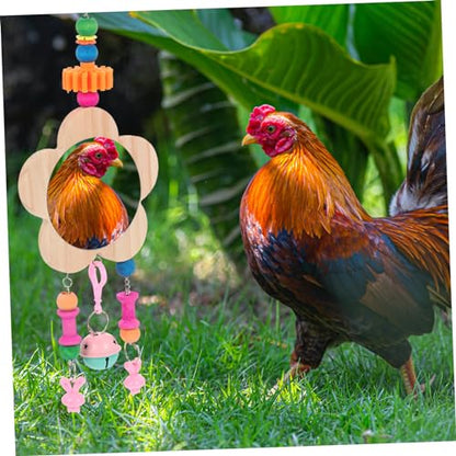 BESPORTBLE Creative Wooden Chicken Hanging Mirror Toy Bell Fun Rooster Hen Activity Mirror for Coop Engaging Design to Relieve Boredom and Promote Healthy Growth