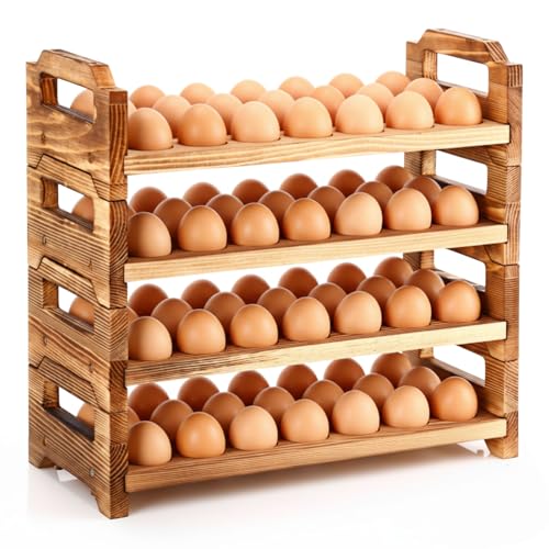 Reallnaive 4 Tier Wooden Egg Holder for Countertop, Pine Stackable Fresh Egg Storage Farmhouse Collecting Rack for Gathering Kitchen Organizer Duck Eggs Display, Stackable with 72 Eggs(Brown) - color: Brown