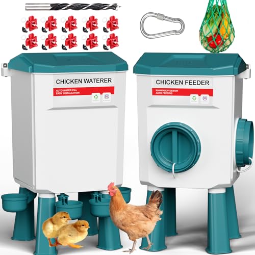 Chicken Feeder and Waterer Set, 1.9 Gallon/17.7 Pounds, Automatic Chicken Feeders and Chicken Waterer, Detachable for Chick, Duck & Quail Coop Use, Outdoor Farm & Backyard (Upgraded) - size: 1.9 Gallon Upgraded
