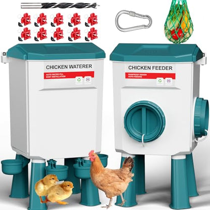 Chicken Feeder and Waterer Set, 1.9 Gallon/17.7 Pounds, Automatic Chicken Feeders and Chicken Waterer, Detachable for Chick, Duck & Quail Coop Use, Outdoor Farm & Backyard (Upgraded) - size: 1.9 Gallon Upgraded