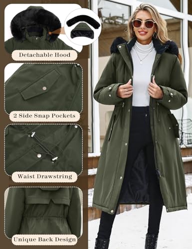 Womens Long Puffer Winter Coats Fleece Jacket Down Parka Warm Overcoat Thicken Quilted Jacket Removable Fur Coat - color: Green, size: Medium