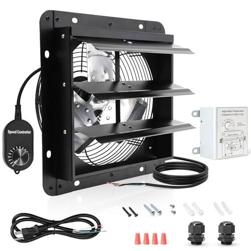 Shutter Exhaust Fan with Thermostat & Speed Control, 820 CFM,1700RPM, Upgrade 10 inch Wall Mount Attic Vent Fan for Chicken Coops, Greenhouse, Gable, Barn, Garage, Shed Ventilator - color: With Speed Control & Thermostat, size: 10inch