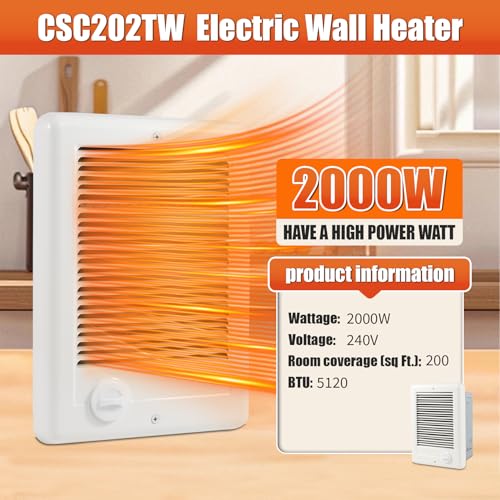 CSC202TW Electric Wall Heater Complete Unit with Built-In Thermostat, 2000W 240V 6825 BTU, Fast Heating & Quiet Operation, Thermal Overheat Protection, White