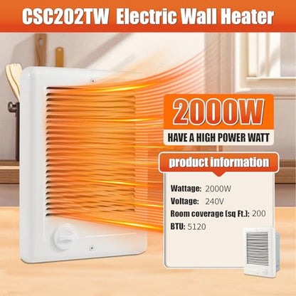CSC202TW Electric Wall Heater Complete Unit with Built-In Thermostat, 2000W 240V 6825 BTU, Fast Heating & Quiet Operation, Thermal Overheat Protection, White
