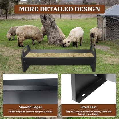 22 Gallon Livestock Feeding Trough,45" Goat Hay Feeder,Heavy-Duty Galvanized Steel Livestock Feeder for Horse, Cattle, Cow, Alpaca,Goats,Black