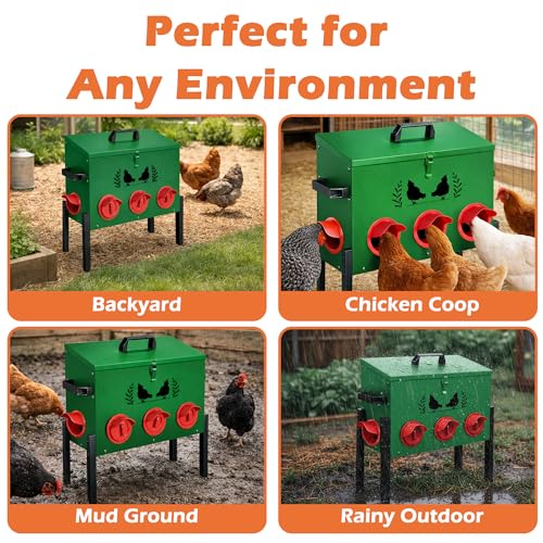 48 LB Large Automatic Chicken Feeder, No Waste Metal Poultry Feeder with 8 Ports, Weatherproof Outdoor Dispenser with Adjustable Legs & Locking Lid for Backyard Chickens, Green