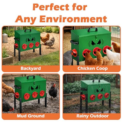 48 LB Large Automatic Chicken Feeder, No Waste Metal Poultry Feeder with 8 Ports, Weatherproof Outdoor Dispenser with Adjustable Legs & Locking Lid for Backyard Chickens, Green