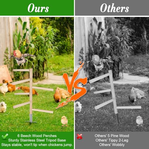 Kalekey Extra Large Chicken Perch Toy for Coop, 39.4" Roosting Bar for Chicken Coop Toys, Chicken 6 Branches Perch Stand Wooden with Metal Tripod Ground Plug for Poultry Rooste